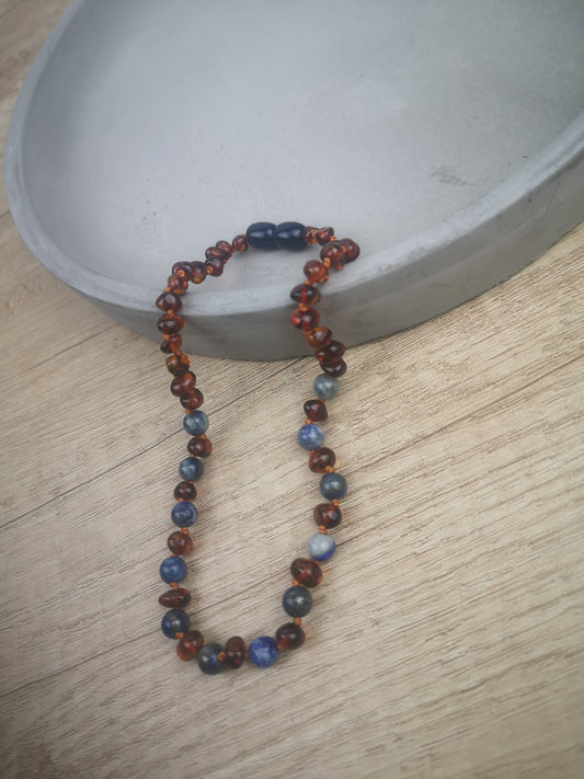 Bernsteinkette 32cm Cognac Lapislazuli